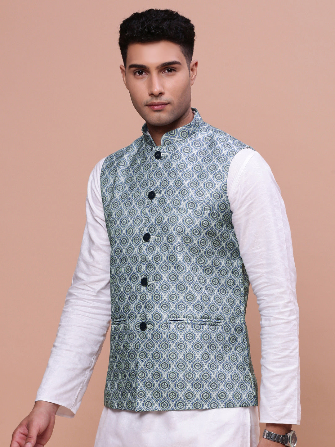 Men Printed Green Slim Fit Nehru Jacket