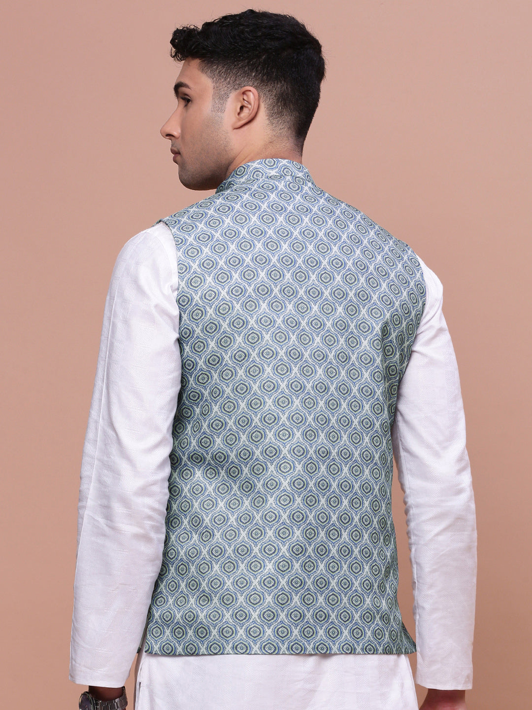 Men Printed Green Slim Fit Nehru Jacket