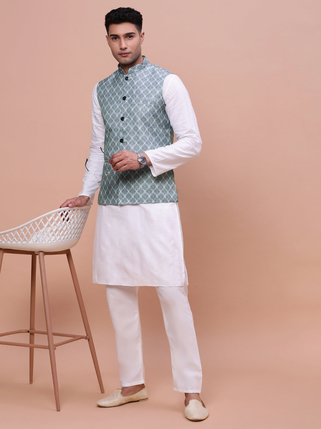 Men Printed Green Slim Fit Nehru Jacket