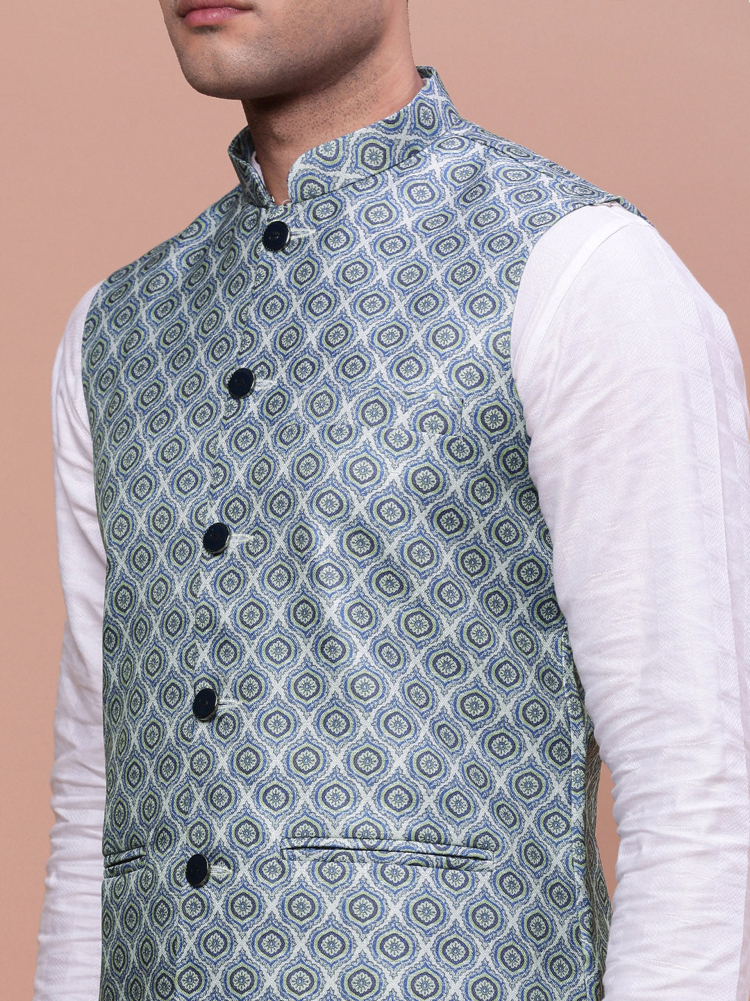 Men Printed Green Slim Fit Nehru Jacket