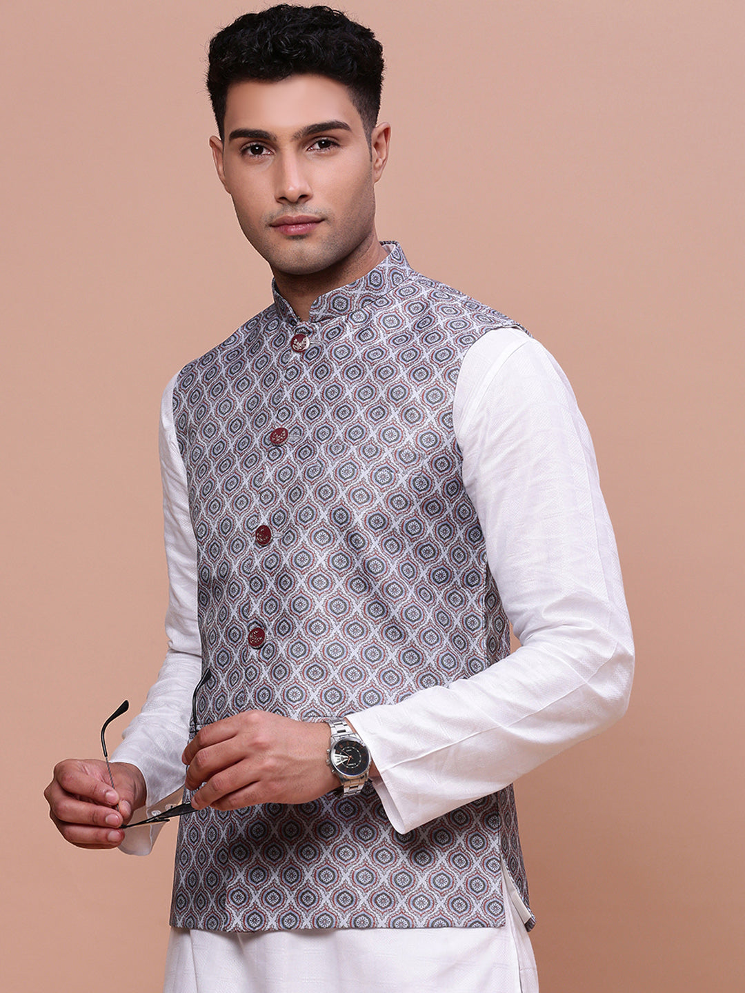 Men Printed Grey Slim Fit Nehru Jacket