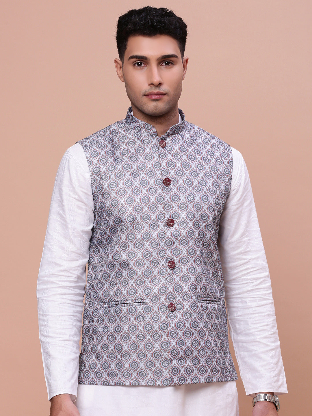 Men Printed Grey Slim Fit Nehru Jacket