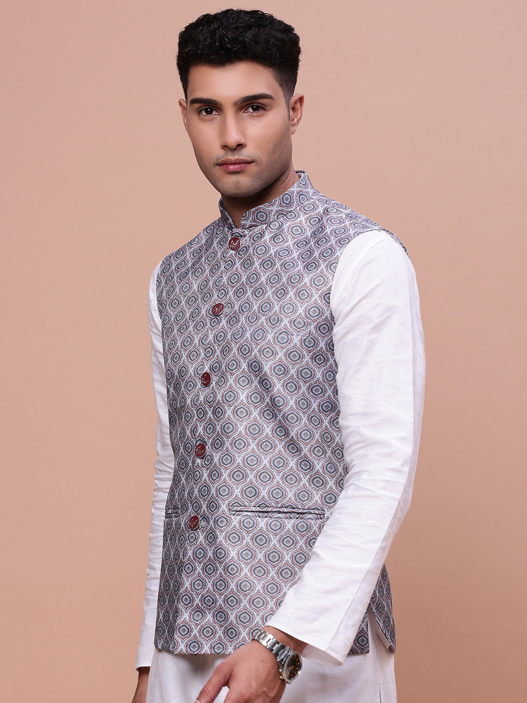 Men Printed Grey Slim Fit Nehru Jacket