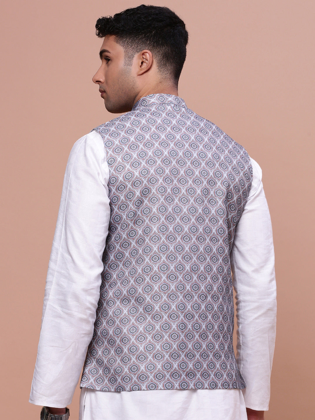 Men Printed Grey Slim Fit Nehru Jacket