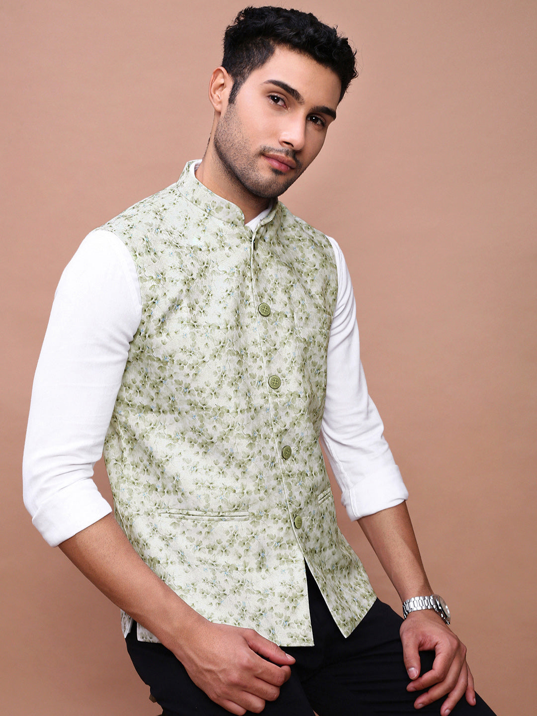 Men Printed Green Slim Fit Nehru Jacket