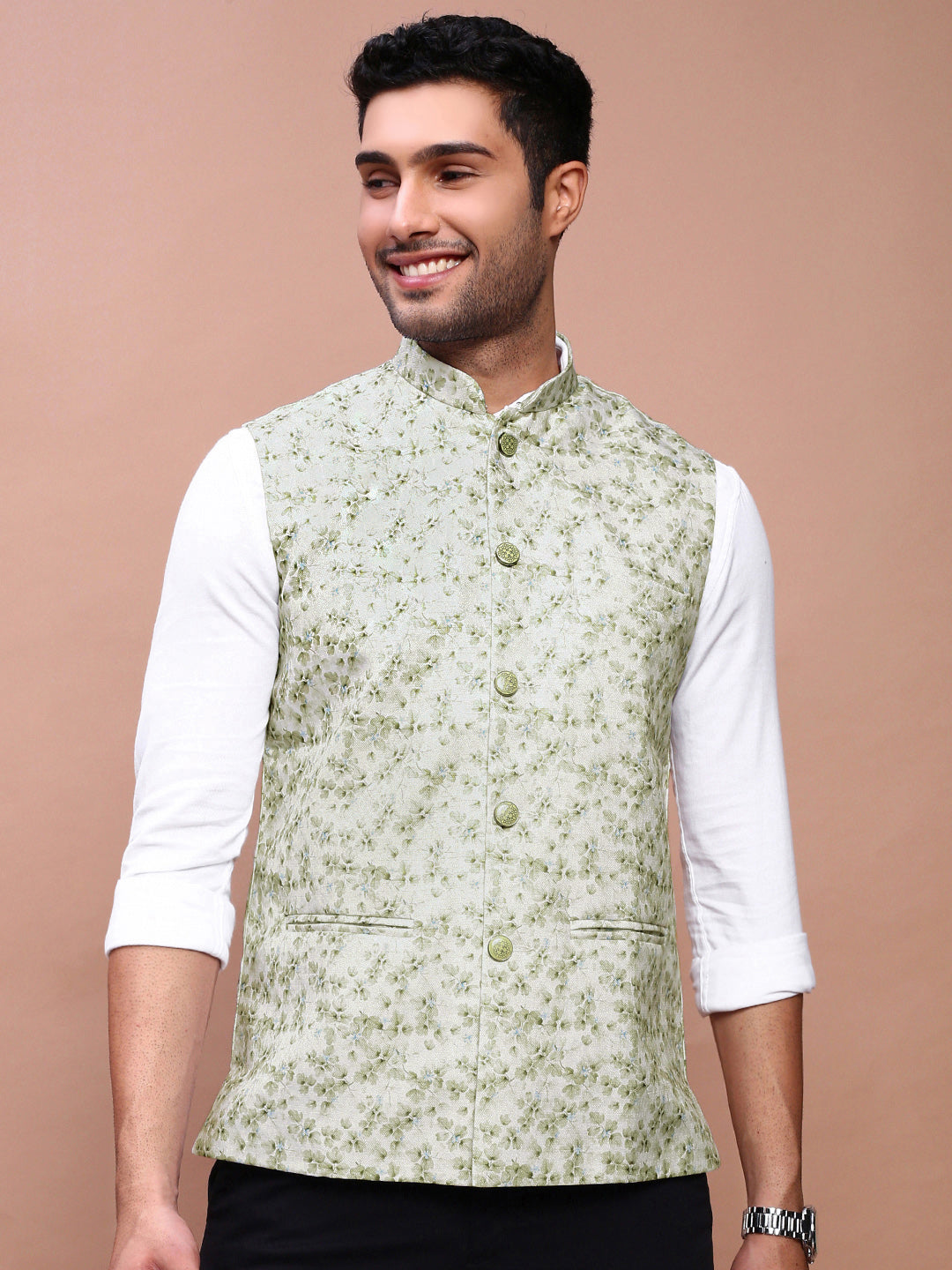 Men Printed Green Slim Fit Nehru Jacket