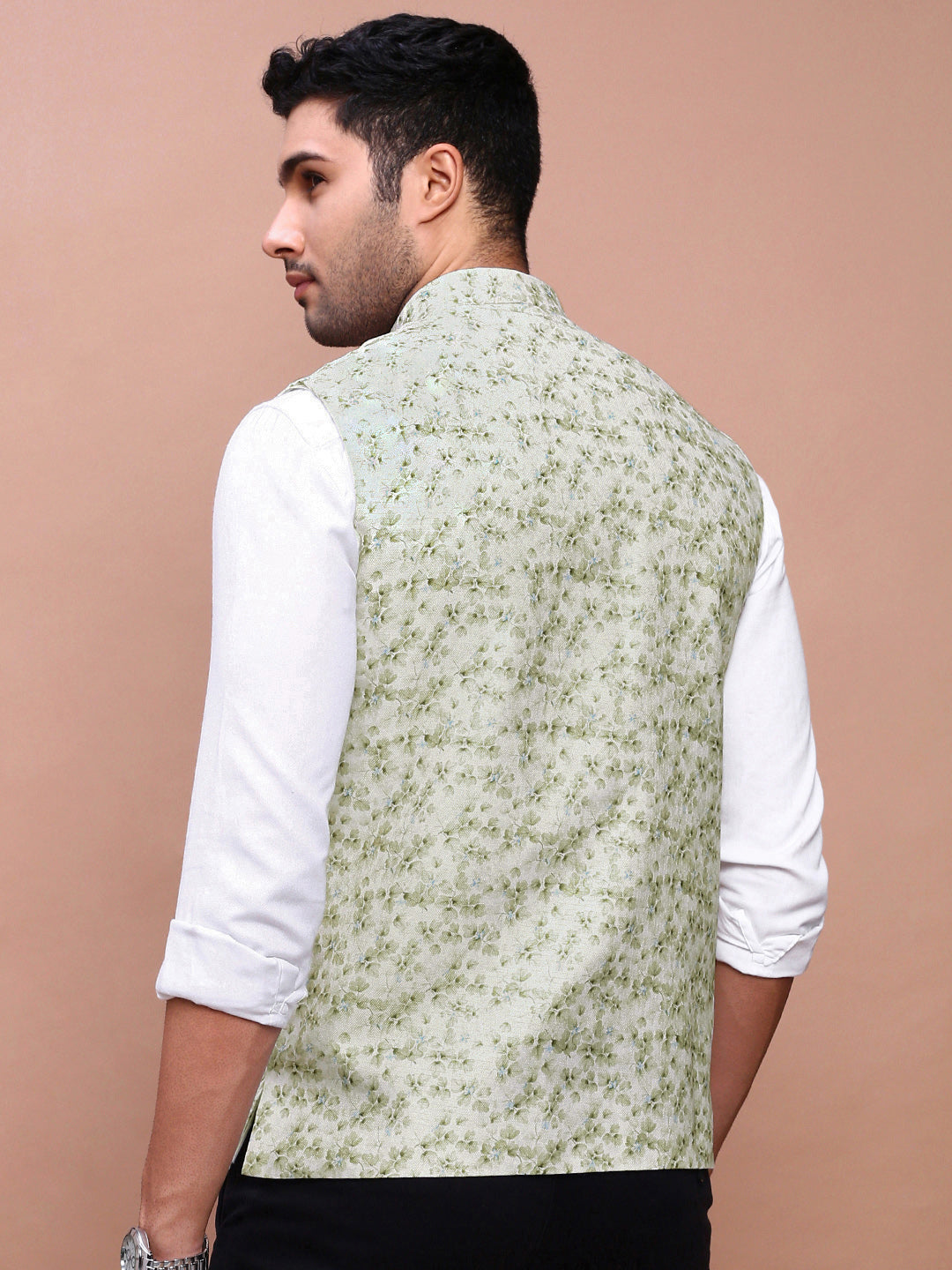 Men Printed Green Slim Fit Nehru Jacket