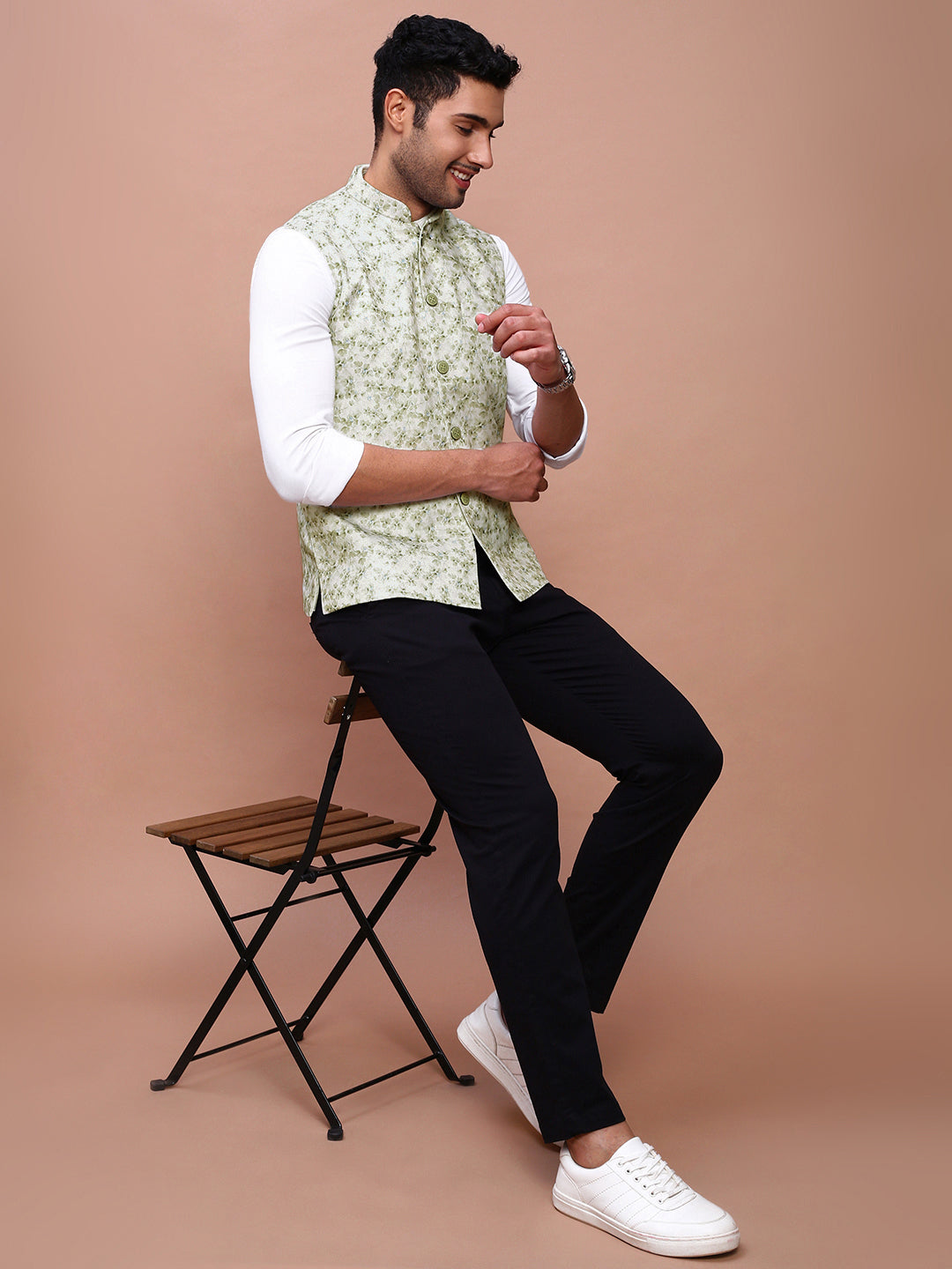 Men Printed Green Slim Fit Nehru Jacket