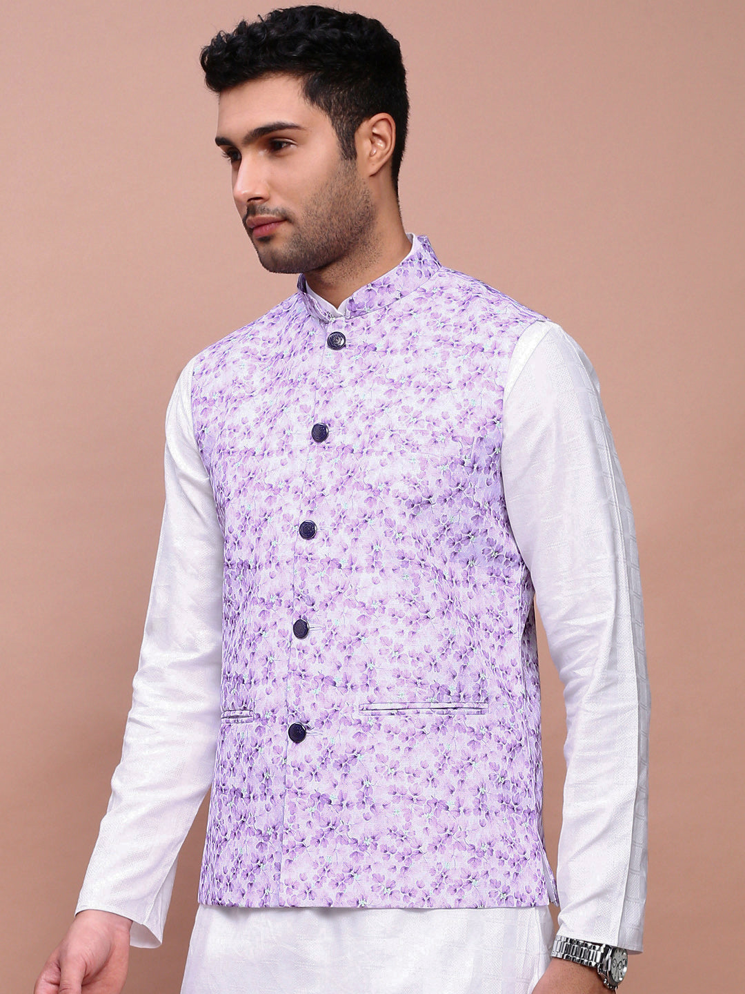 Men Printed Lavender Slim Fit Nehru Jacket