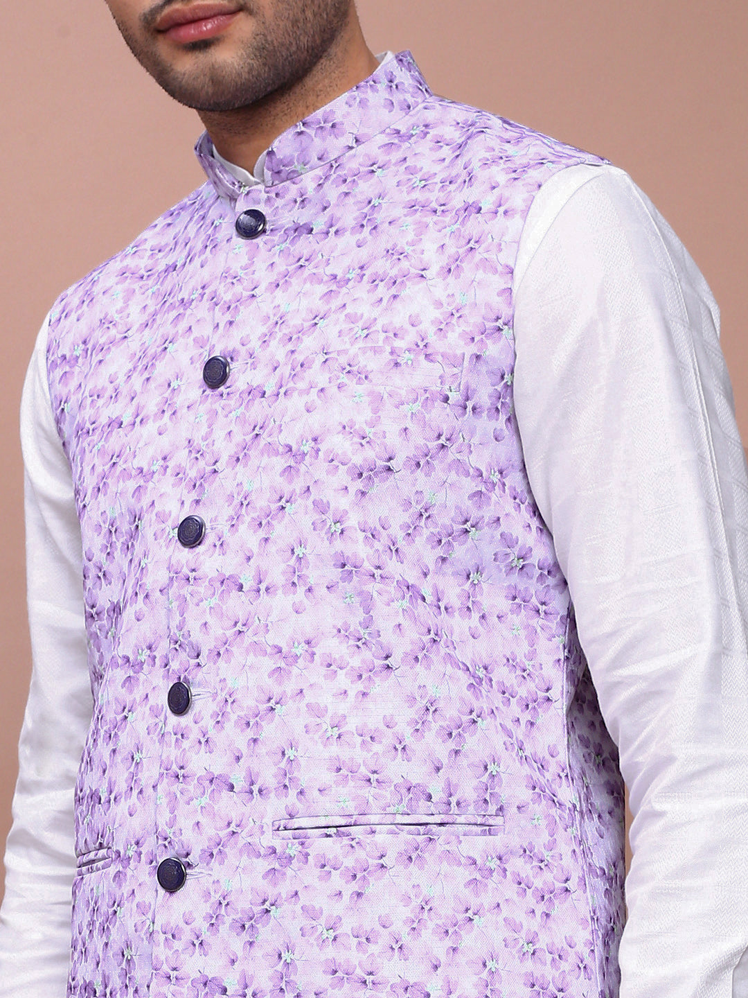 Men Printed Lavender Slim Fit Nehru Jacket