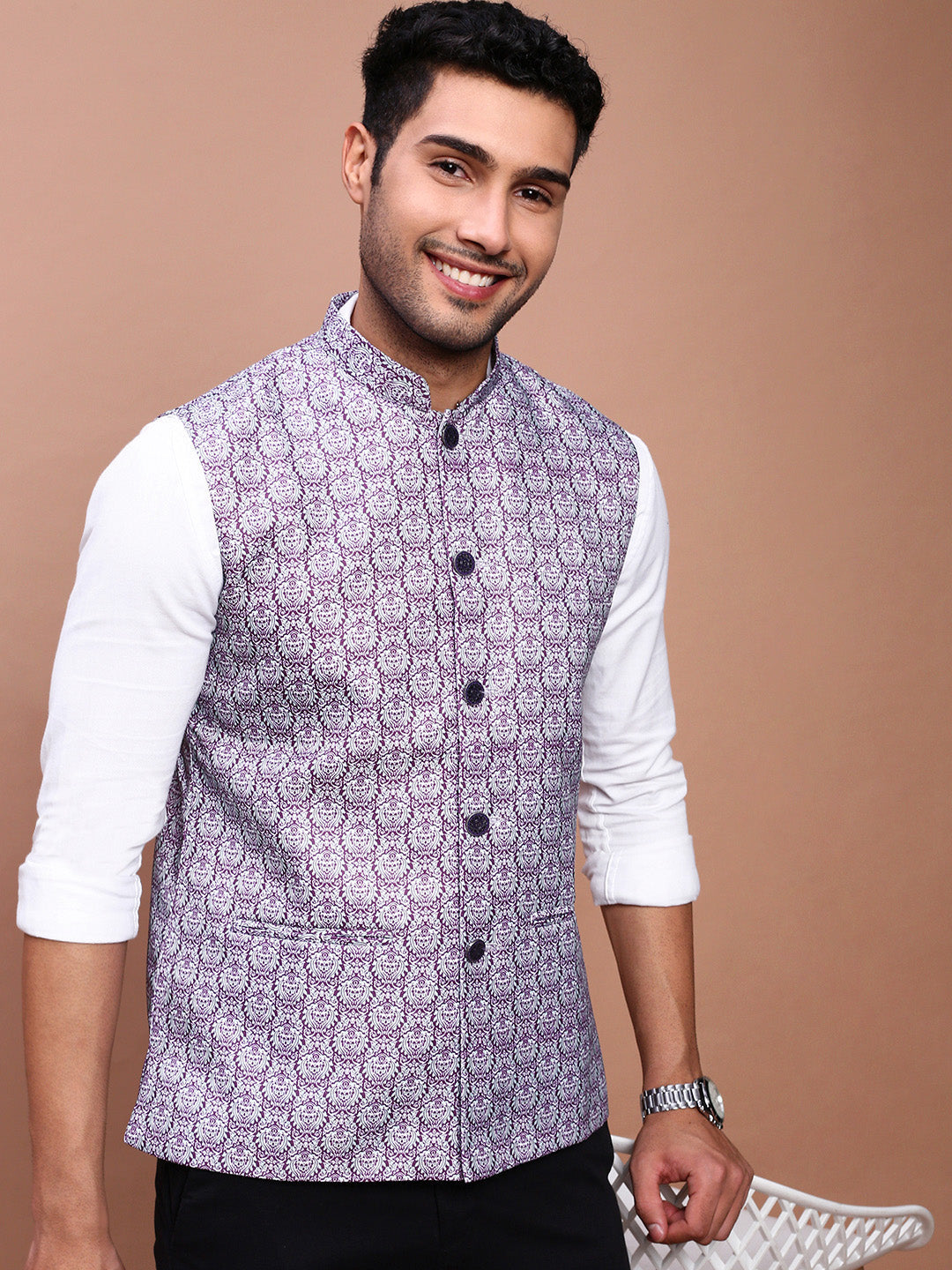 Men Printed Purple Slim Fit Nehru Jacket