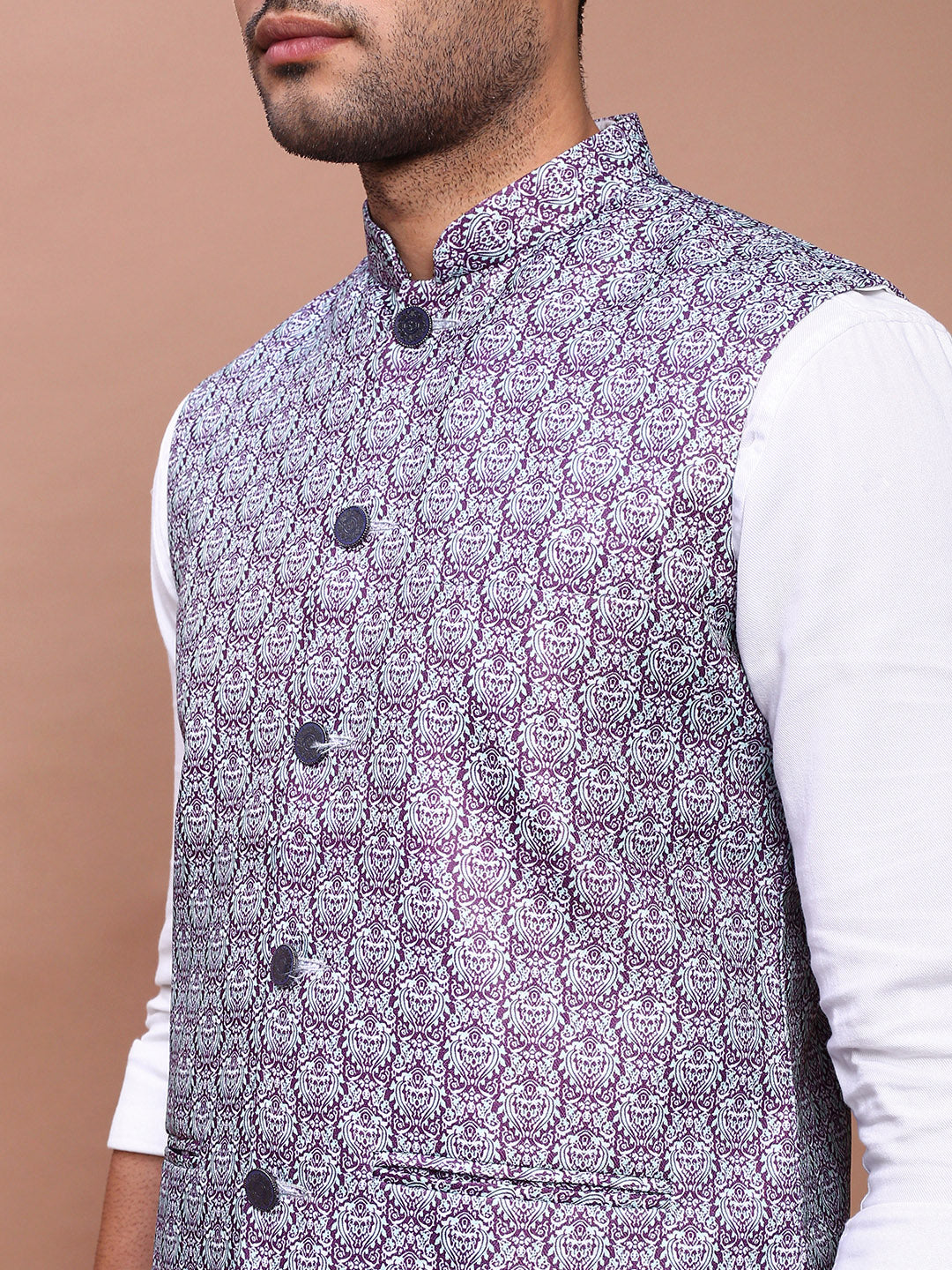 Men Printed Purple Slim Fit Nehru Jacket