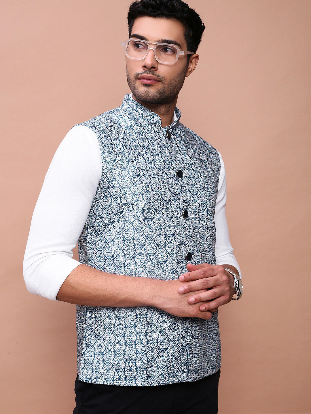 Men Printed Teal Slim Fit Nehru Jacket