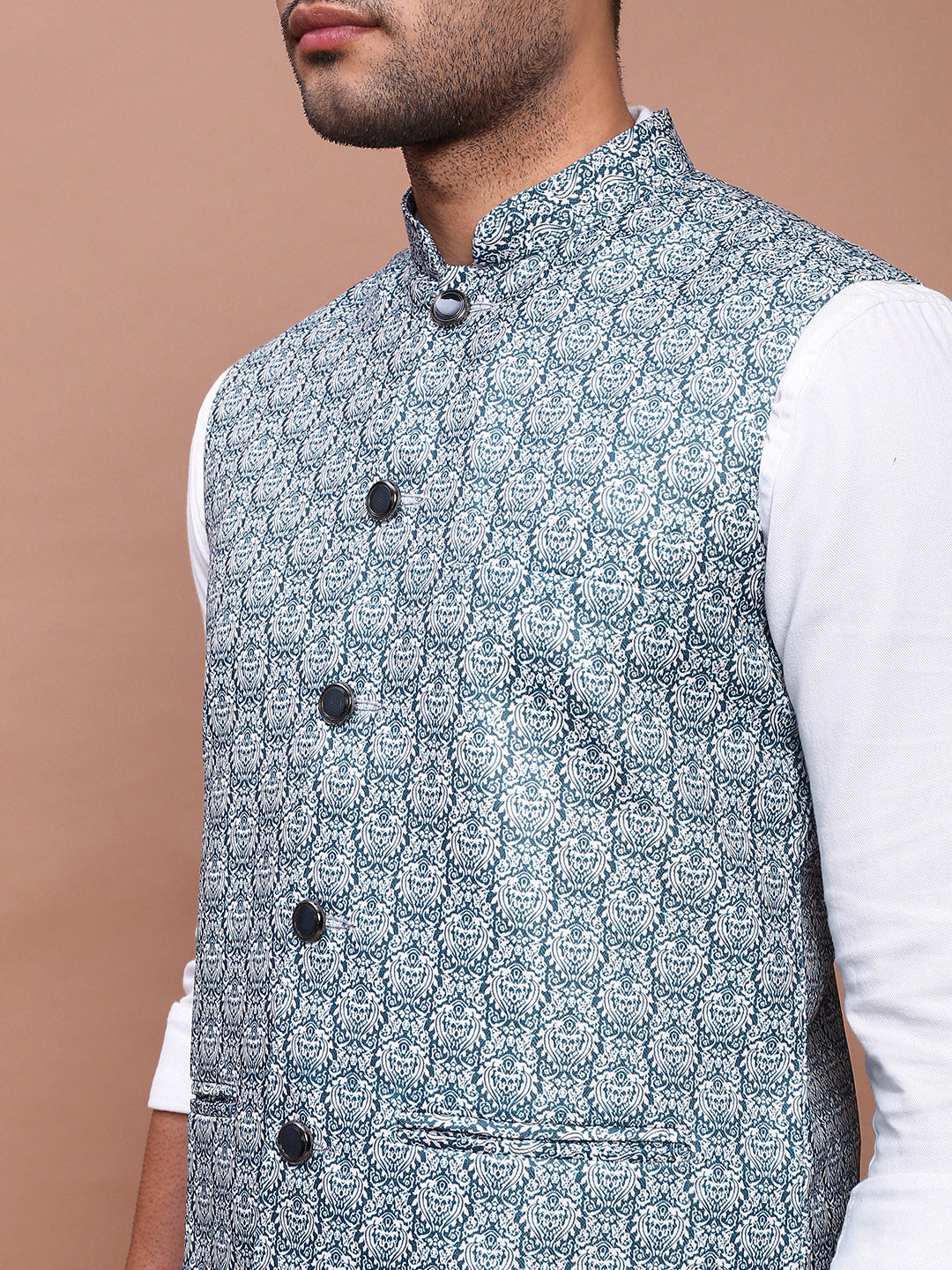 Men Printed Teal Slim Fit Nehru Jacket