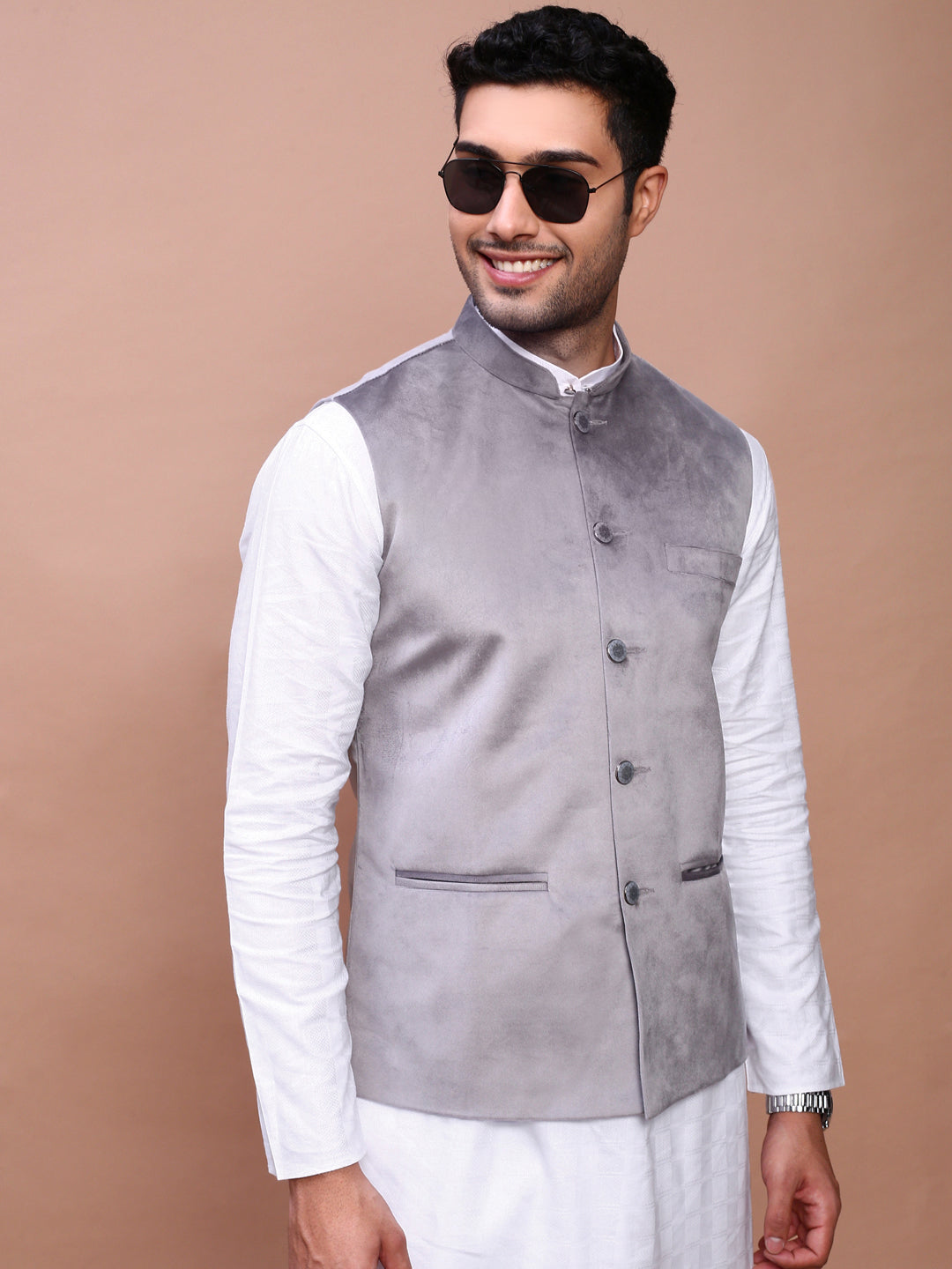 Men Solid Grey Slim Fit Nehru Jacket