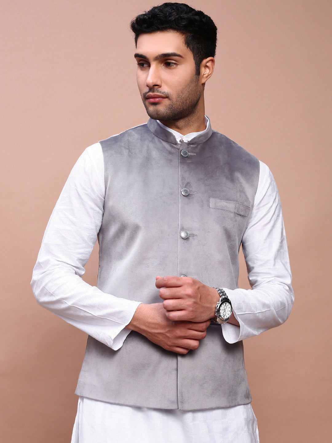 Men Solid Grey Slim Fit Nehru Jacket