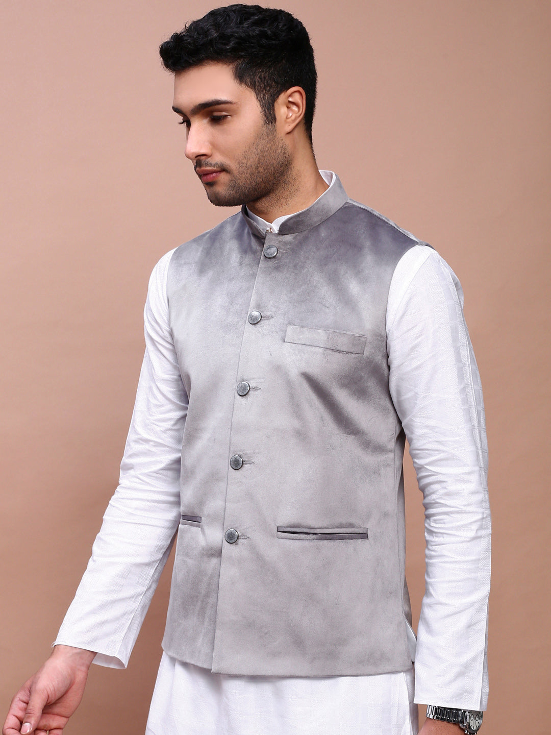 Men Solid Grey Slim Fit Nehru Jacket