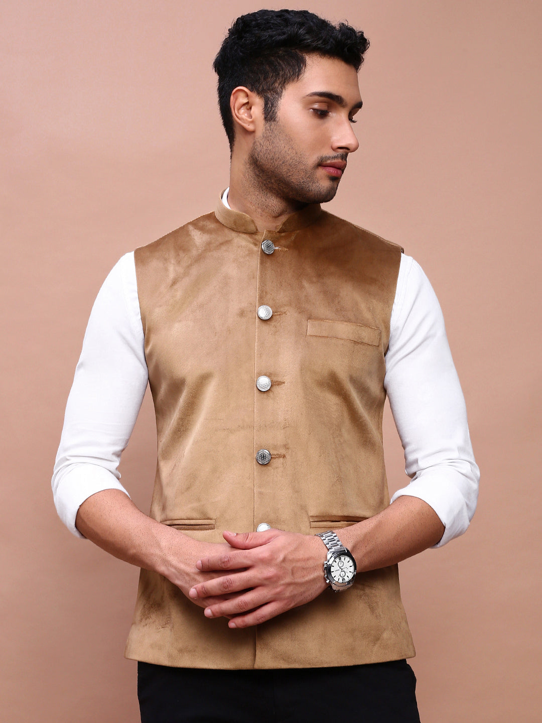 Men Solid Khaki Slim Fit Nehru Jacket