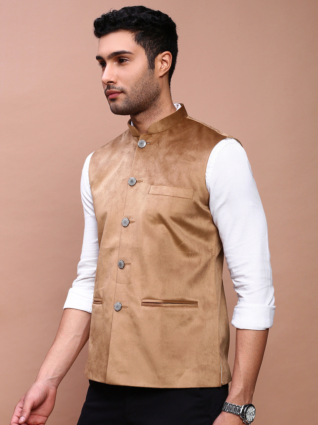 Men Solid Khaki Slim Fit Nehru Jacket