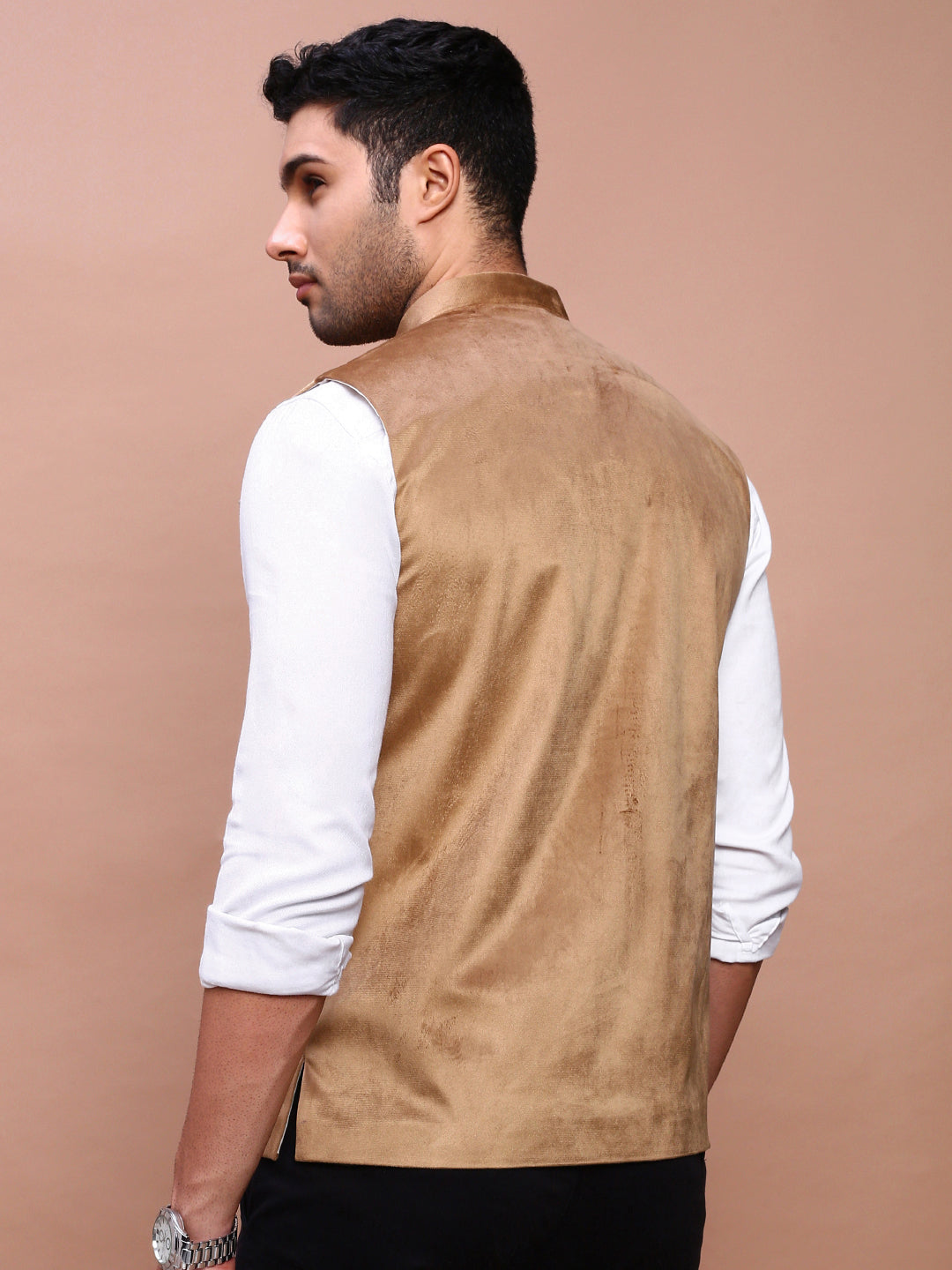 Men Solid Khaki Slim Fit Nehru Jacket