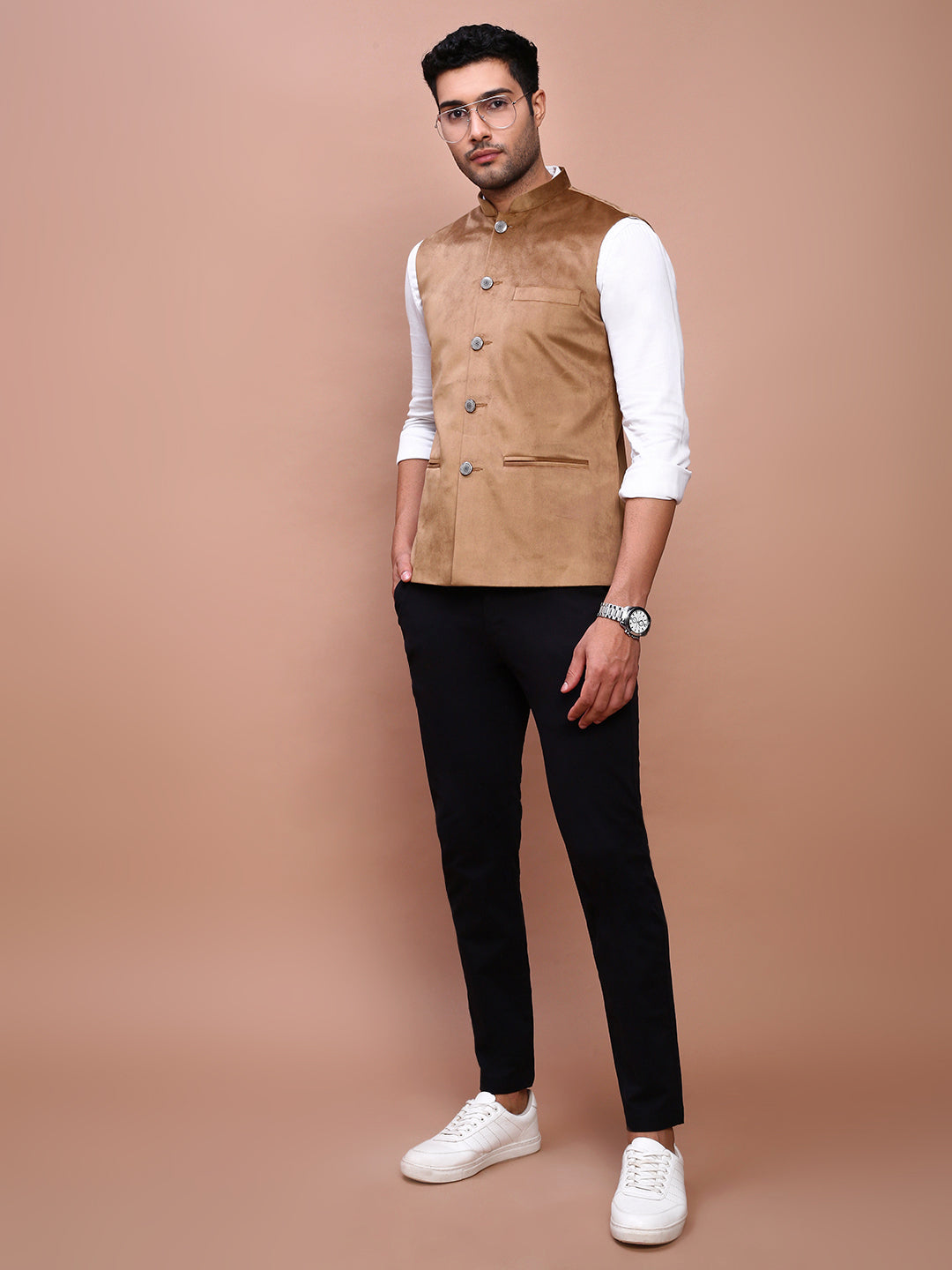 Men Solid Khaki Slim Fit Nehru Jacket