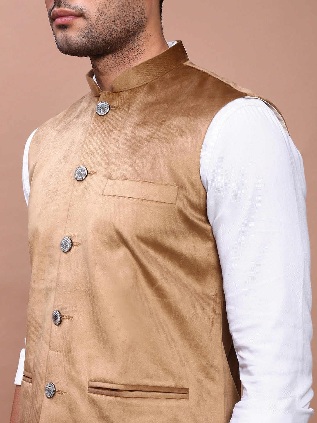 Men Solid Khaki Slim Fit Nehru Jacket