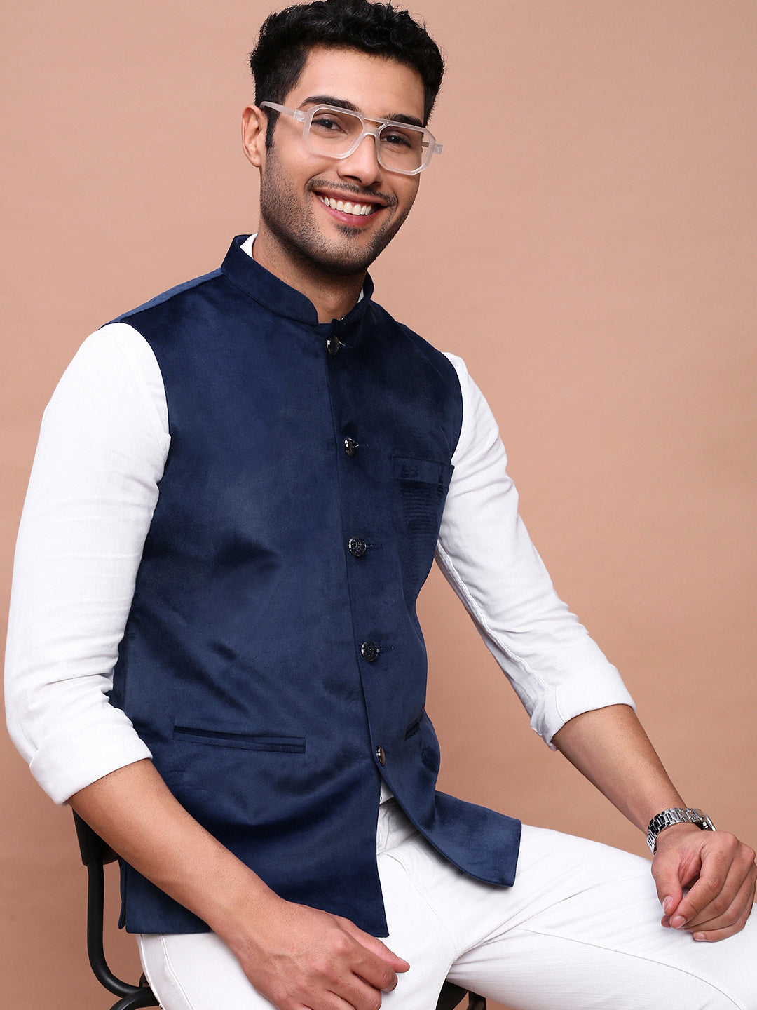 Men Solid Navy Blue Slim Fit Nehru Jacket