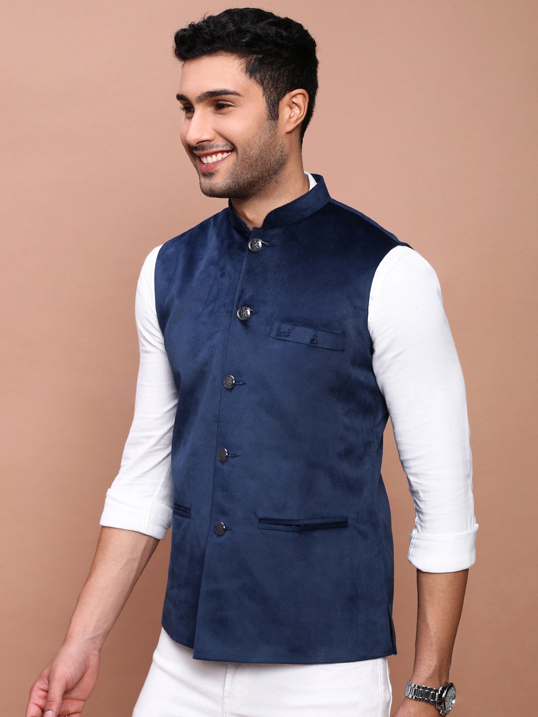 Men Solid Navy Blue Slim Fit Nehru Jacket