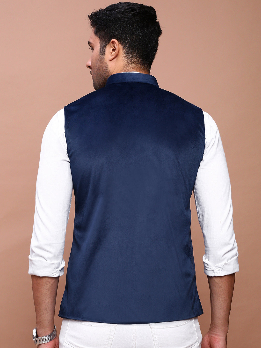 Men Solid Navy Blue Slim Fit Nehru Jacket