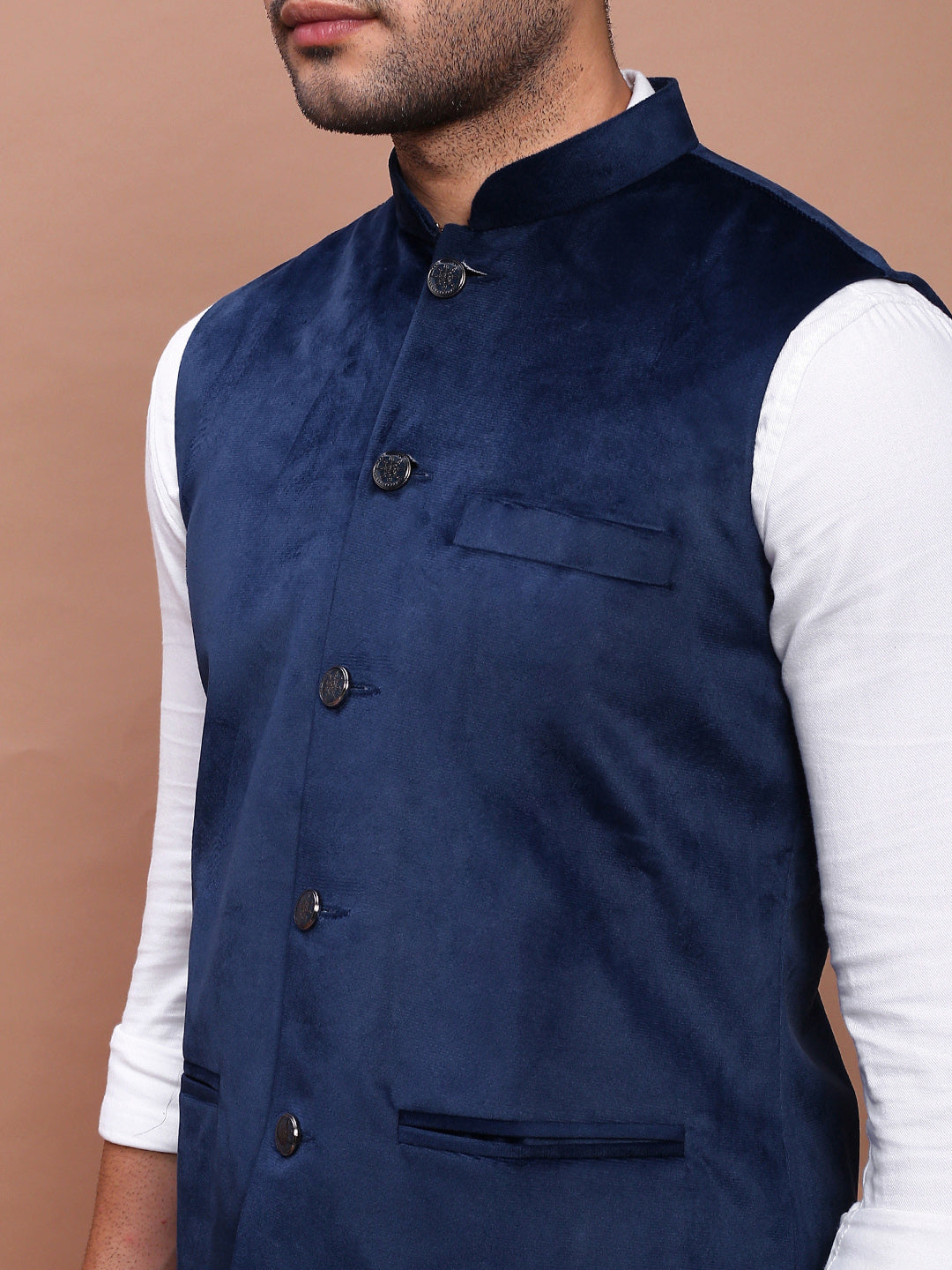 Men Solid Navy Blue Slim Fit Nehru Jacket