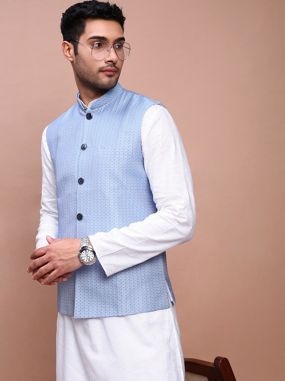 Men Woven Design Blue Slim Fit Nehru Jacket