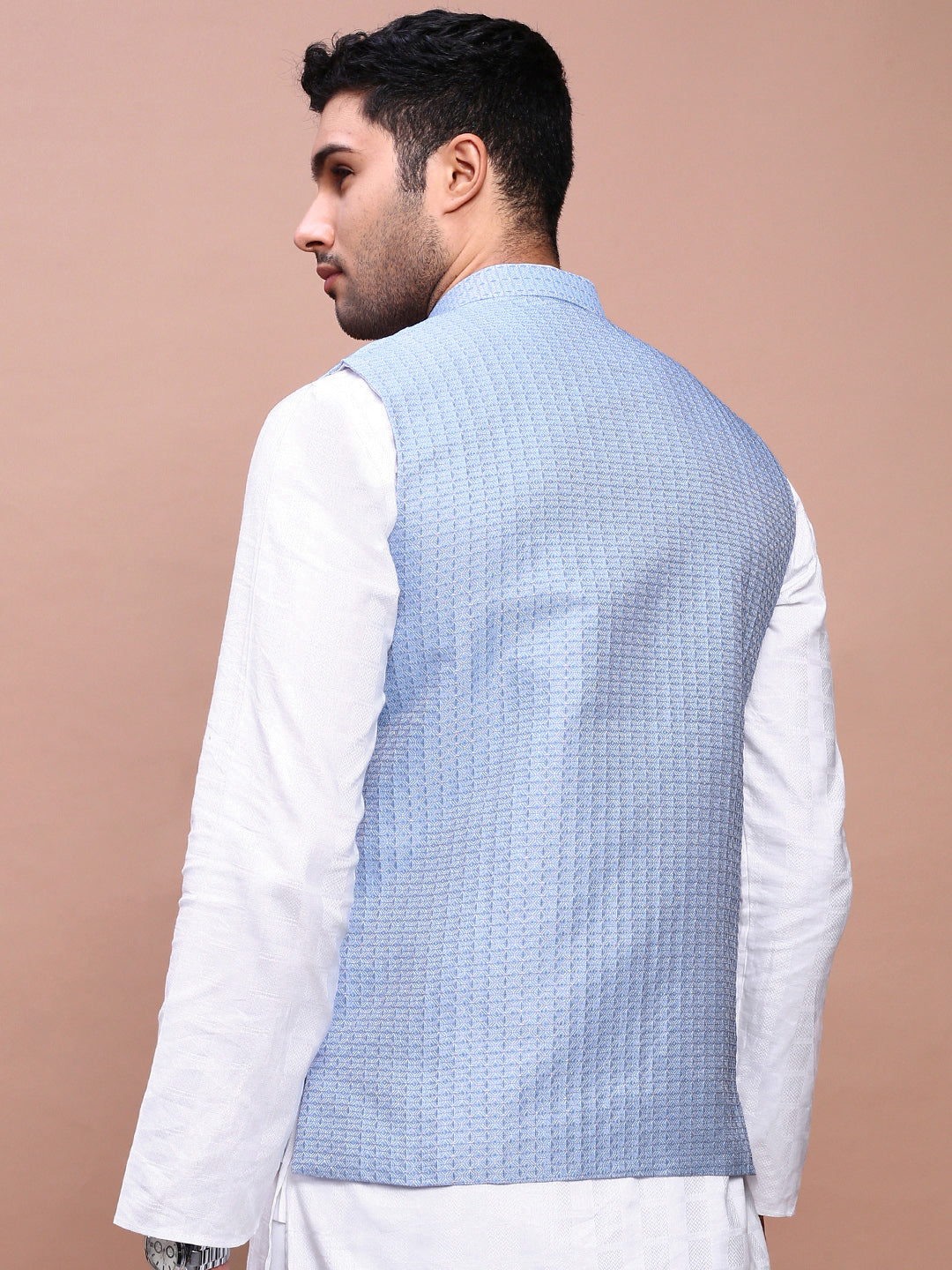 Men Woven Design Blue Slim Fit Nehru Jacket