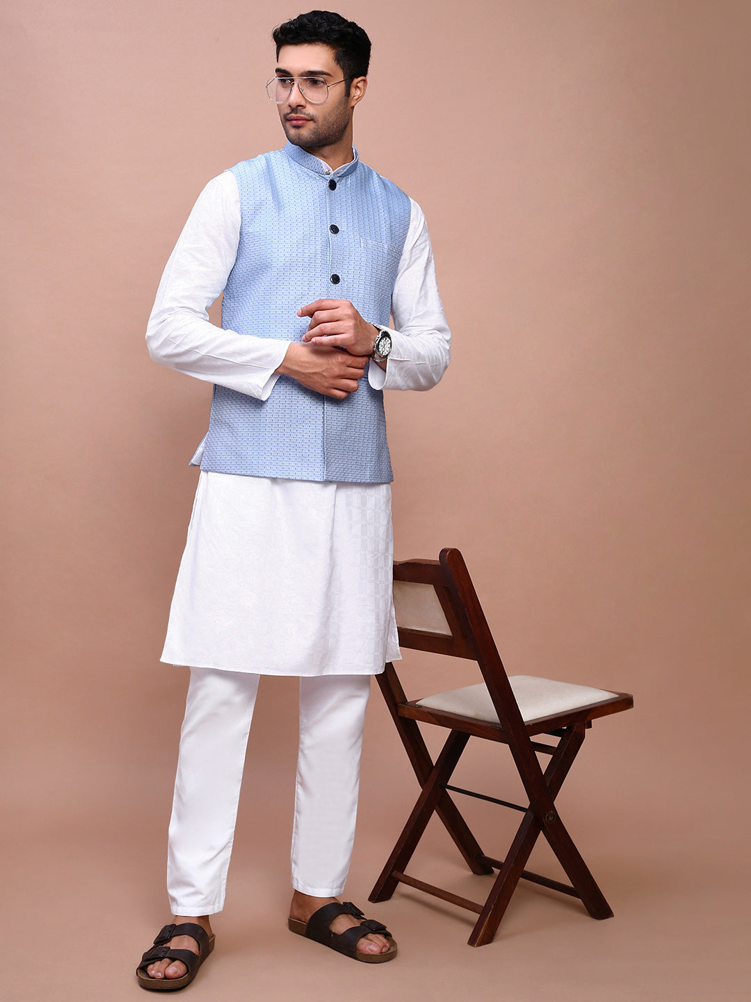 Men Woven Design Blue Slim Fit Nehru Jacket