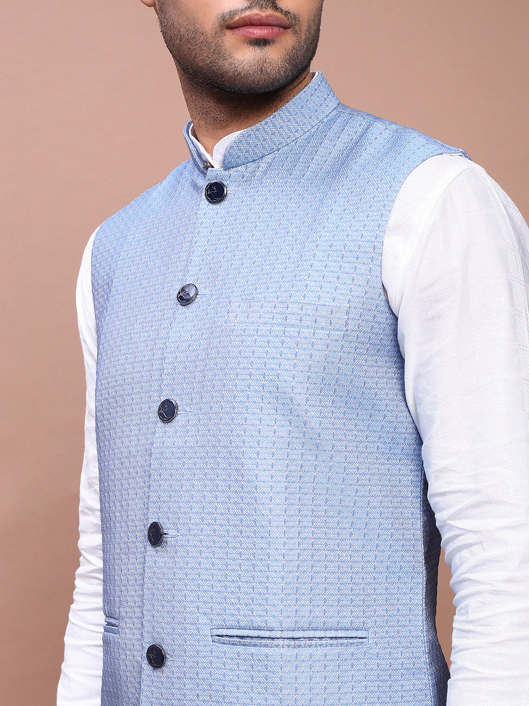 Men Woven Design Blue Slim Fit Nehru Jacket