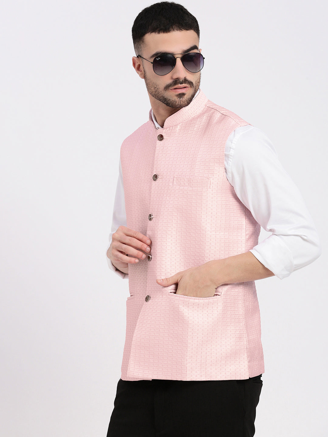 Men Solid Peach Nehru Jacket