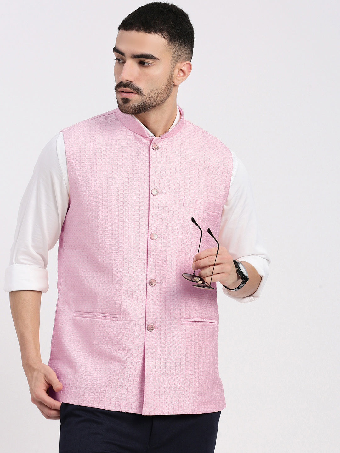 Men Solid Pink Nehru Jacket