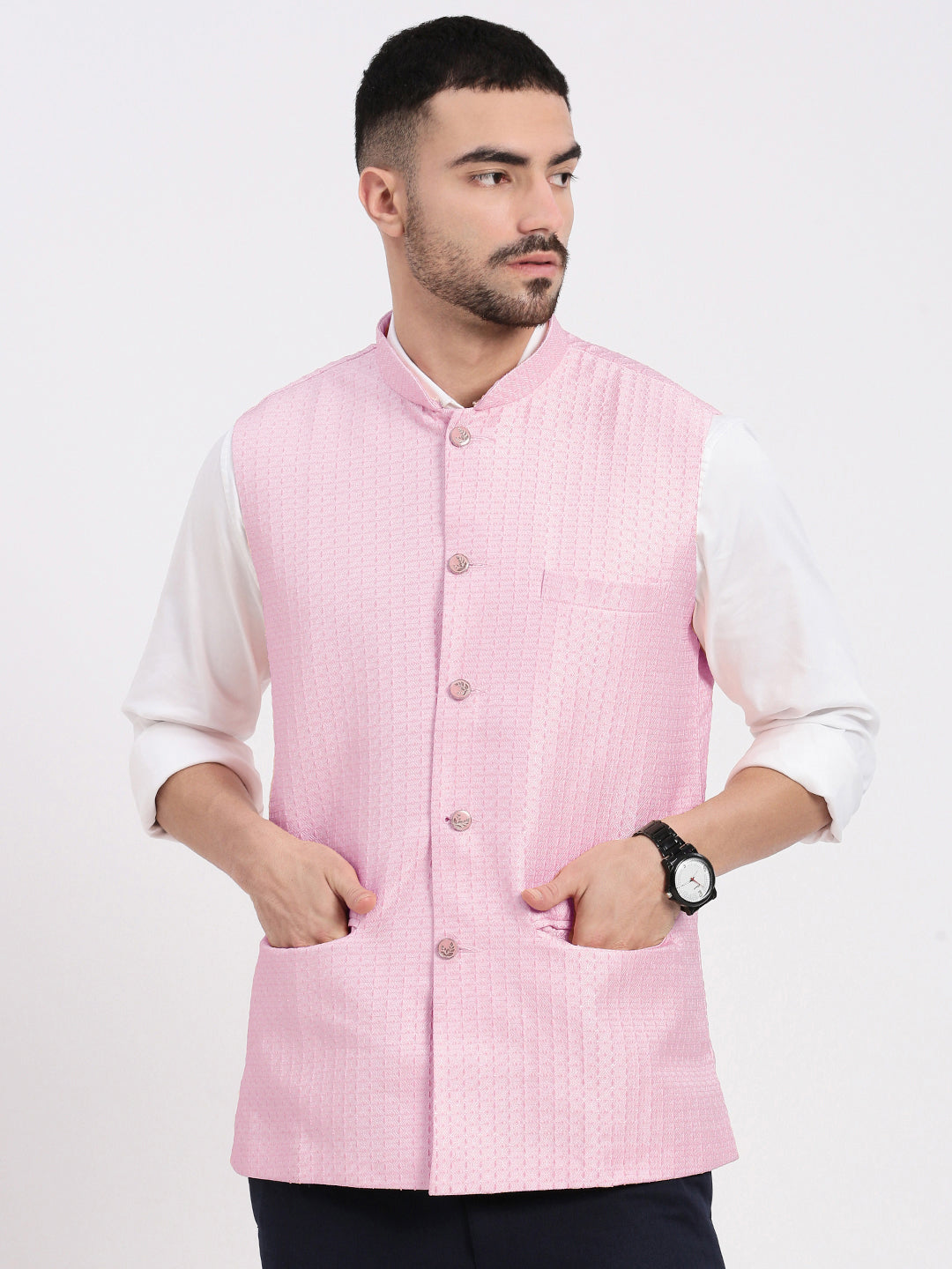 Men Solid Pink Nehru Jacket