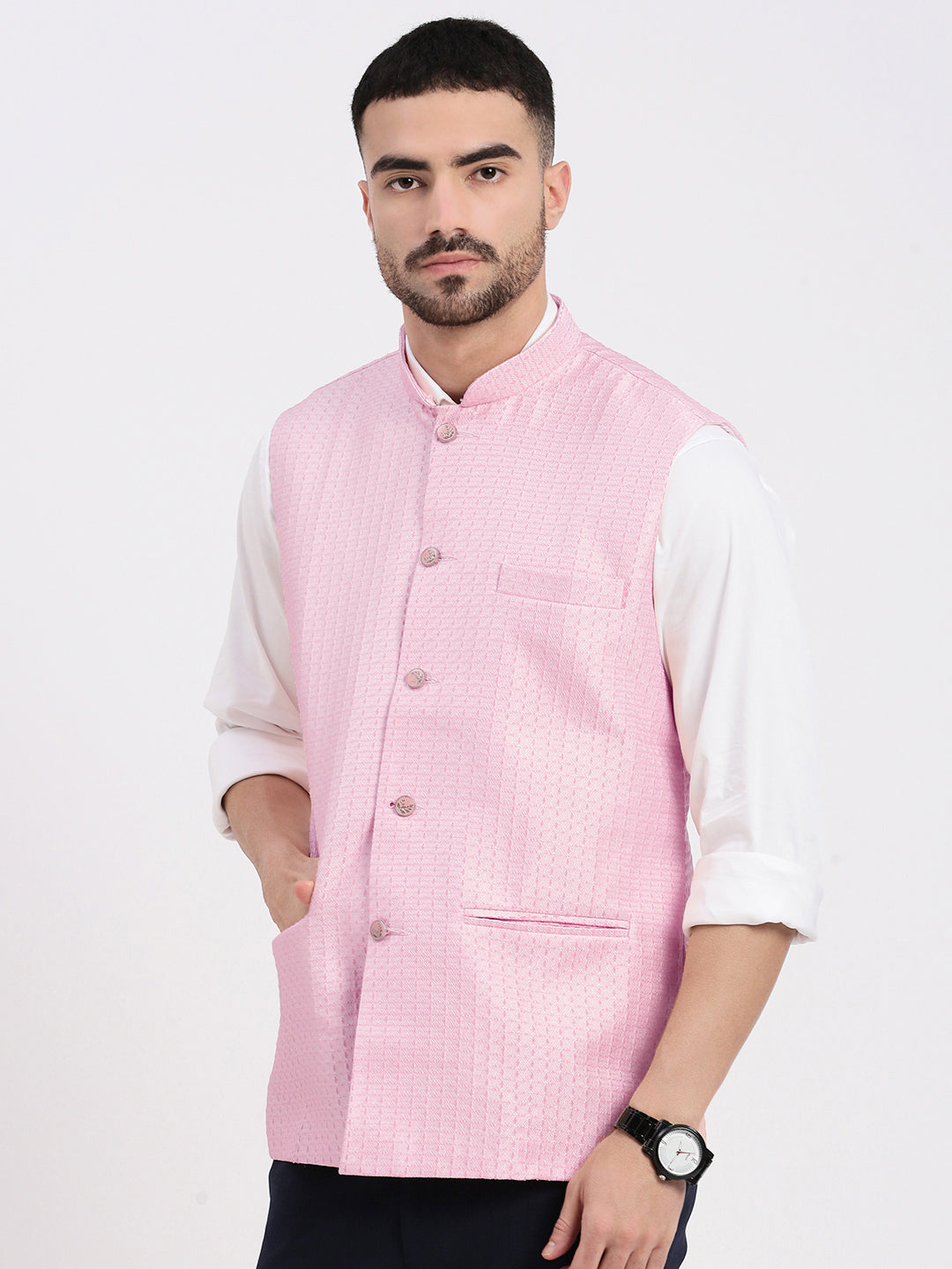 Men Solid Pink Nehru Jacket