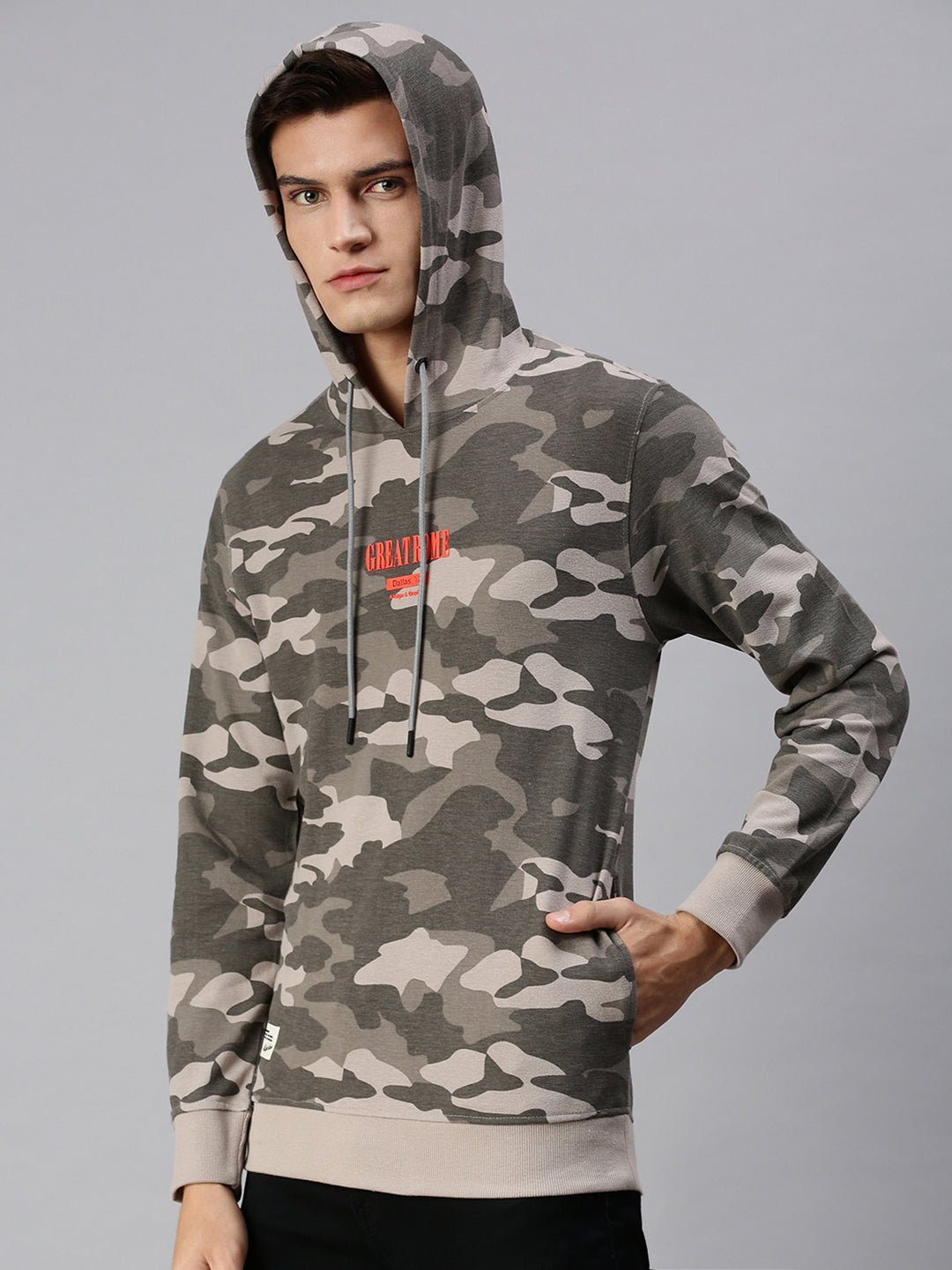 Men Hooded Camouflage Grey Pullover