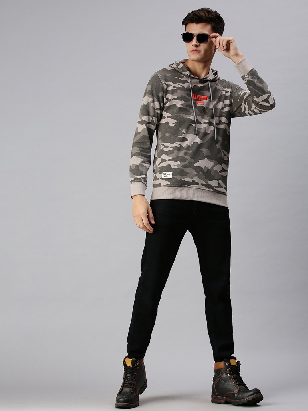 Men Hooded Camouflage Grey Pullover