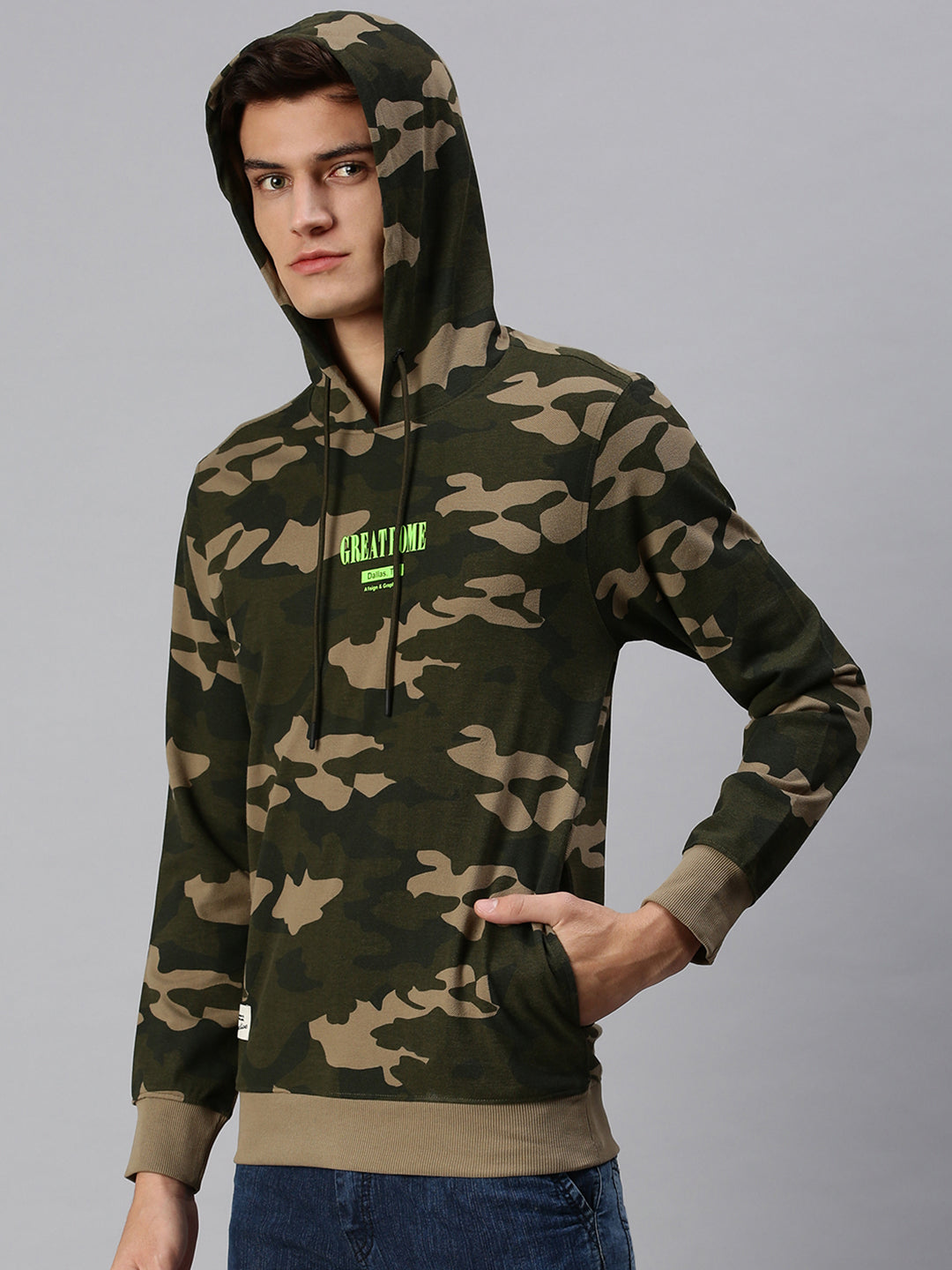 Men Hooded Camouflage Green Sweatshirt