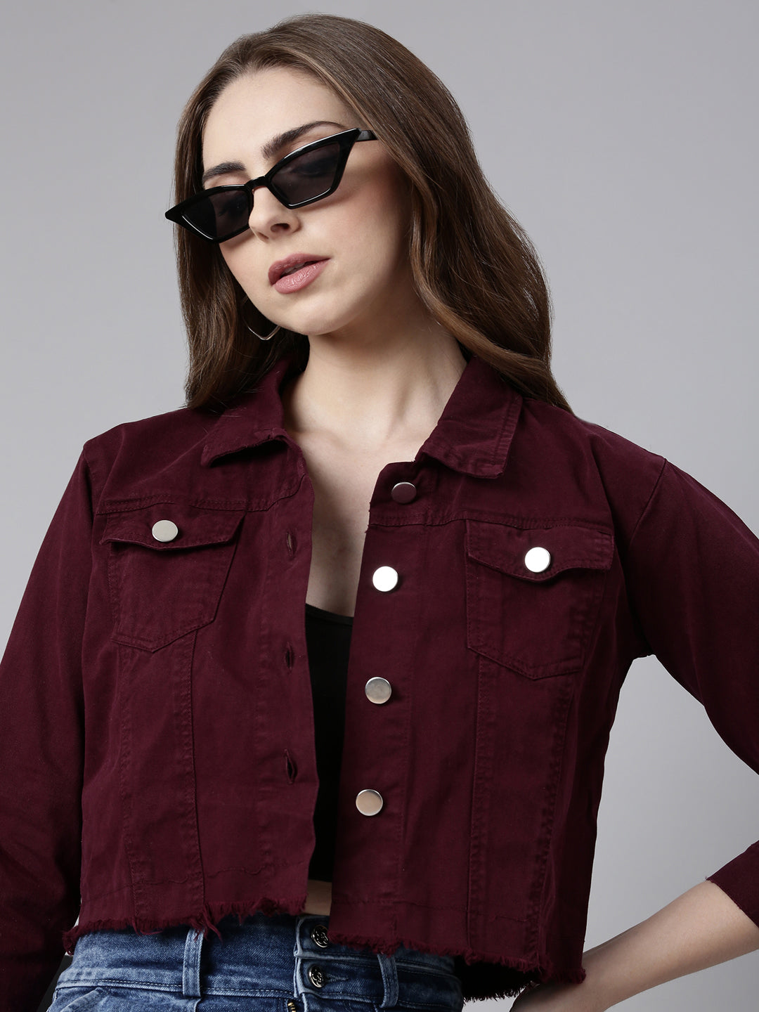 Women Maroon Solid Denim Jacket