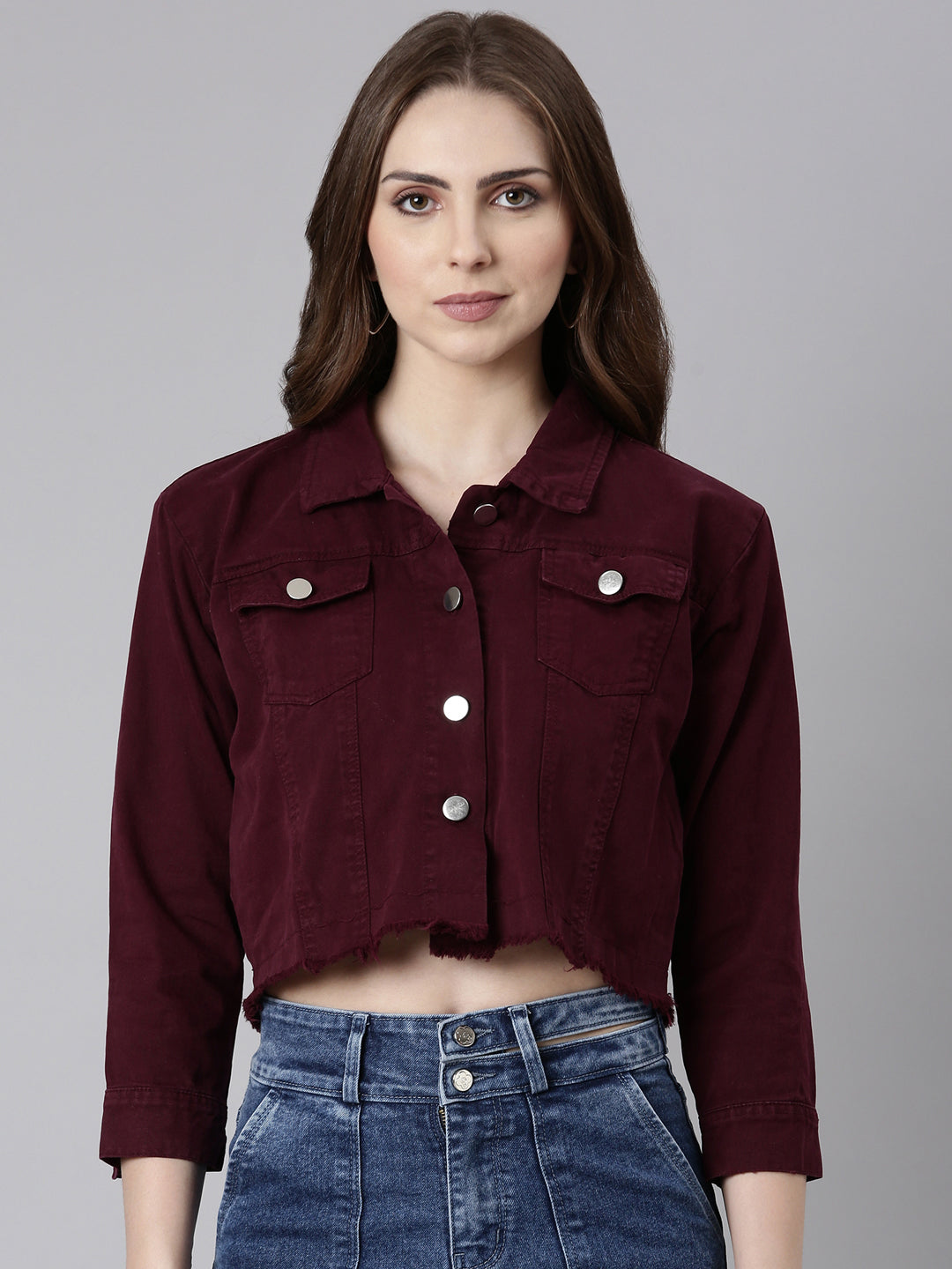 Women Maroon Solid Denim Jacket