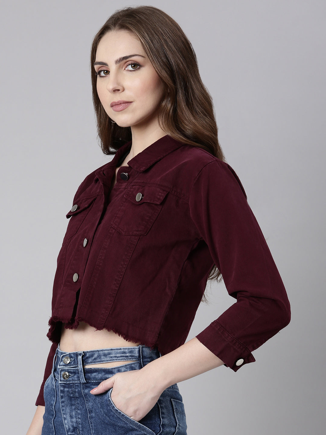 Women Maroon Solid Denim Jacket