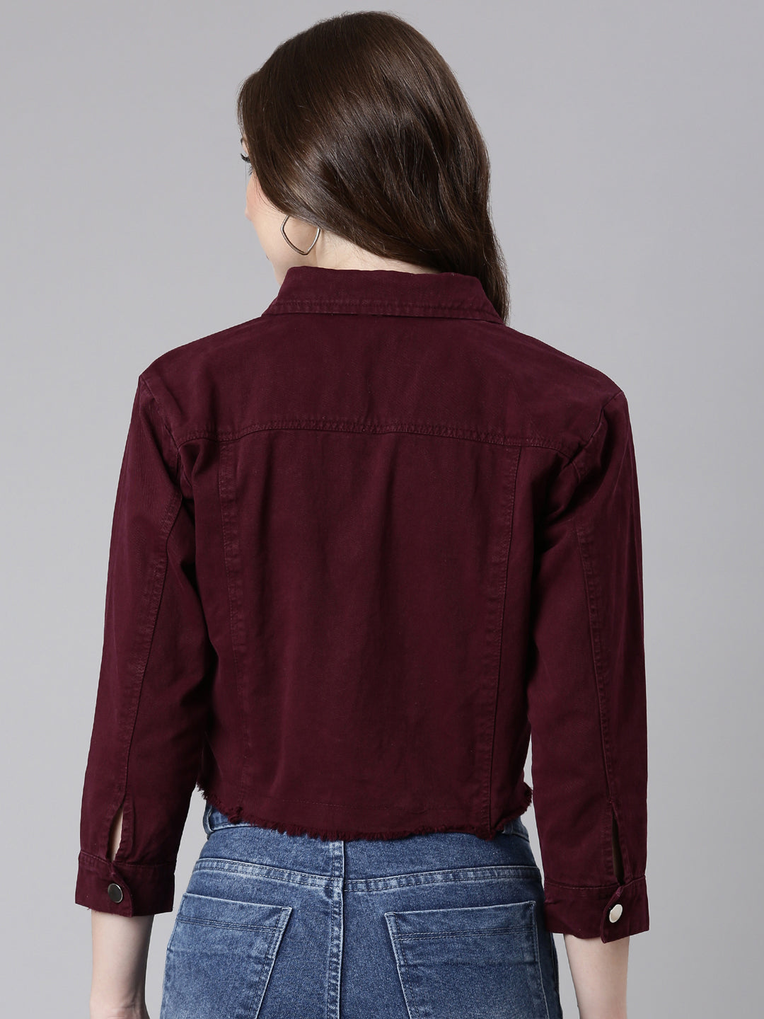 Women Maroon Solid Denim Jacket