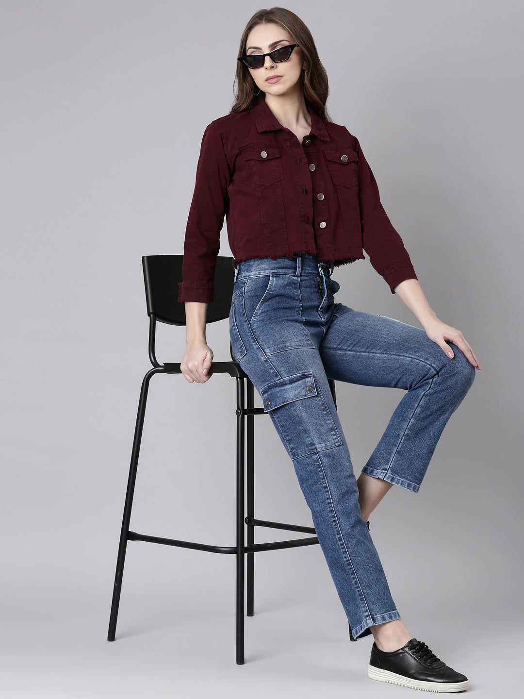 Women Maroon Solid Denim Jacket