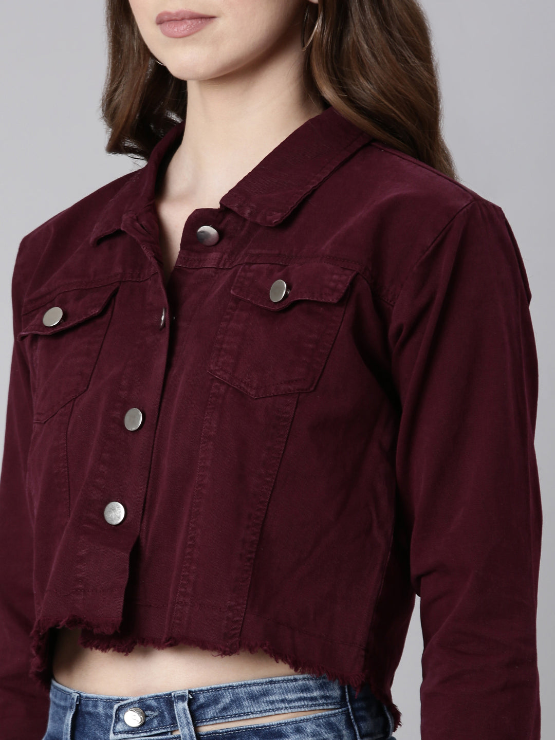 Women Maroon Solid Denim Jacket