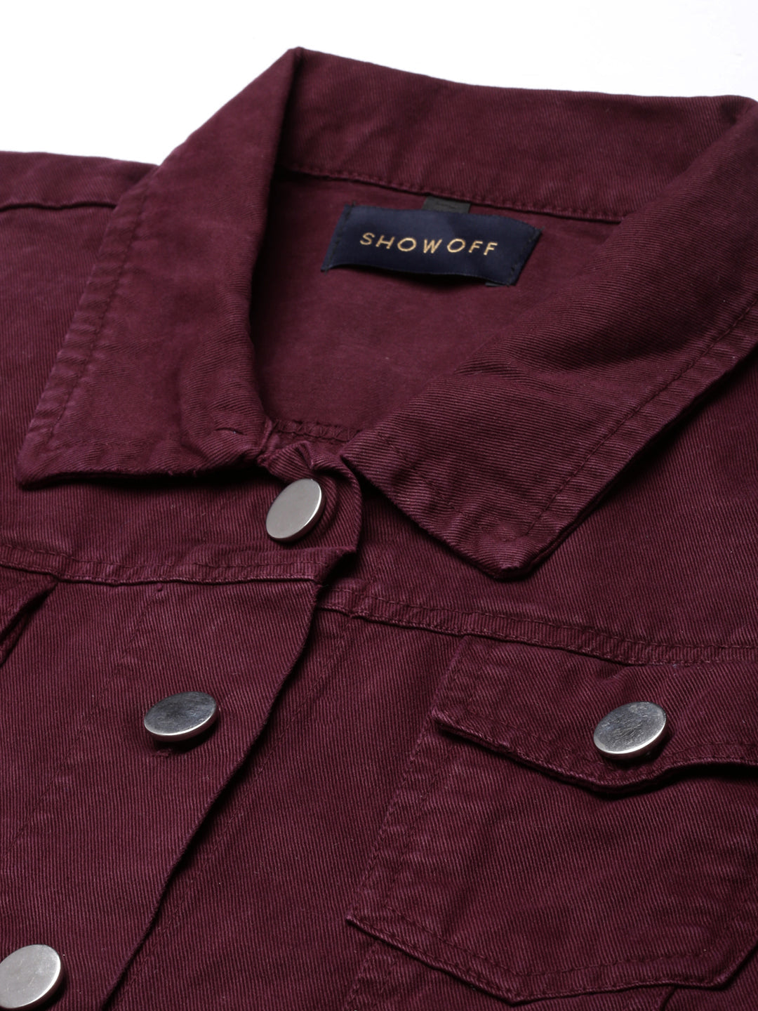 Women Maroon Solid Denim Jacket