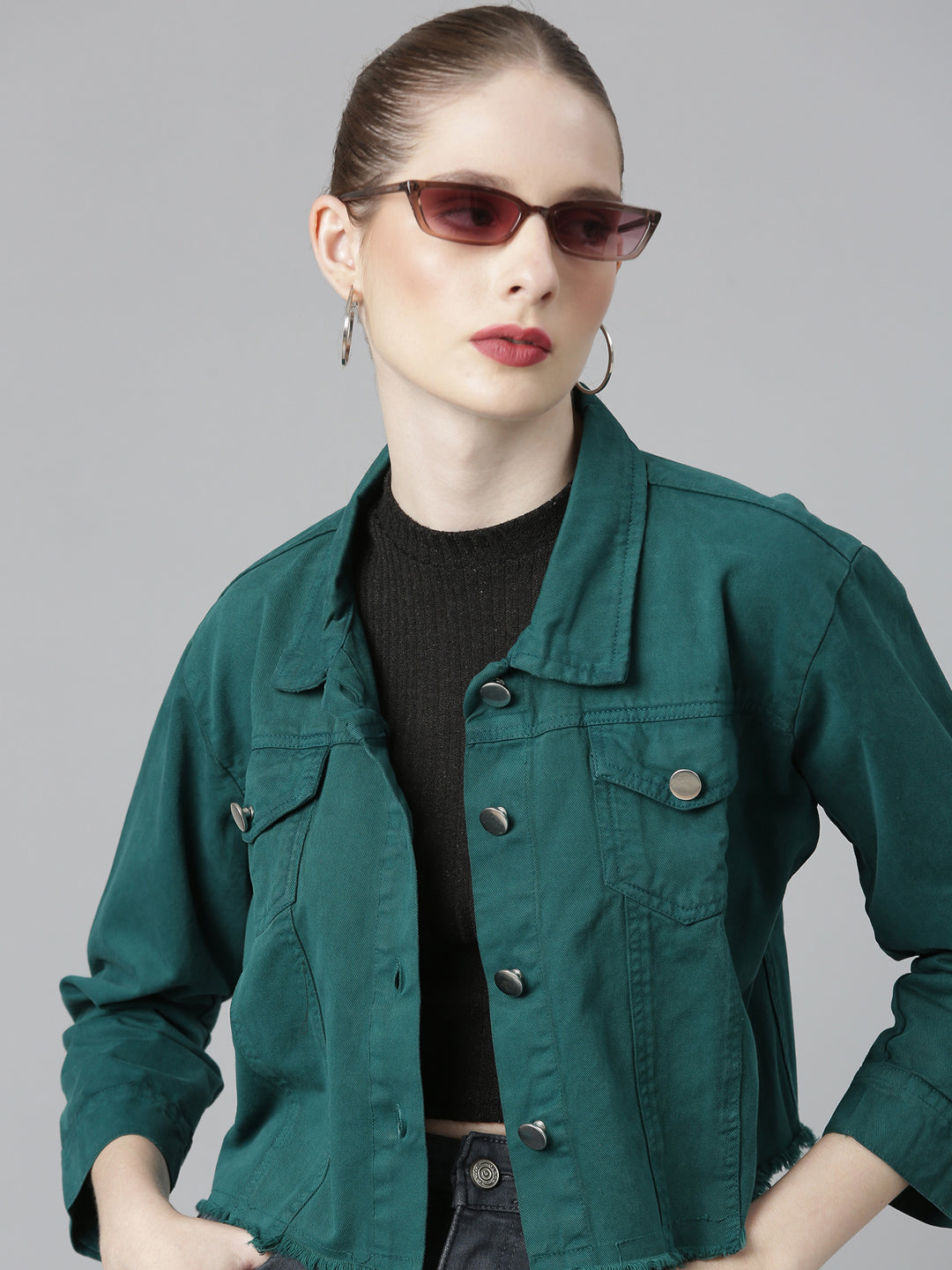 Women Teal Solid Denim Jacket