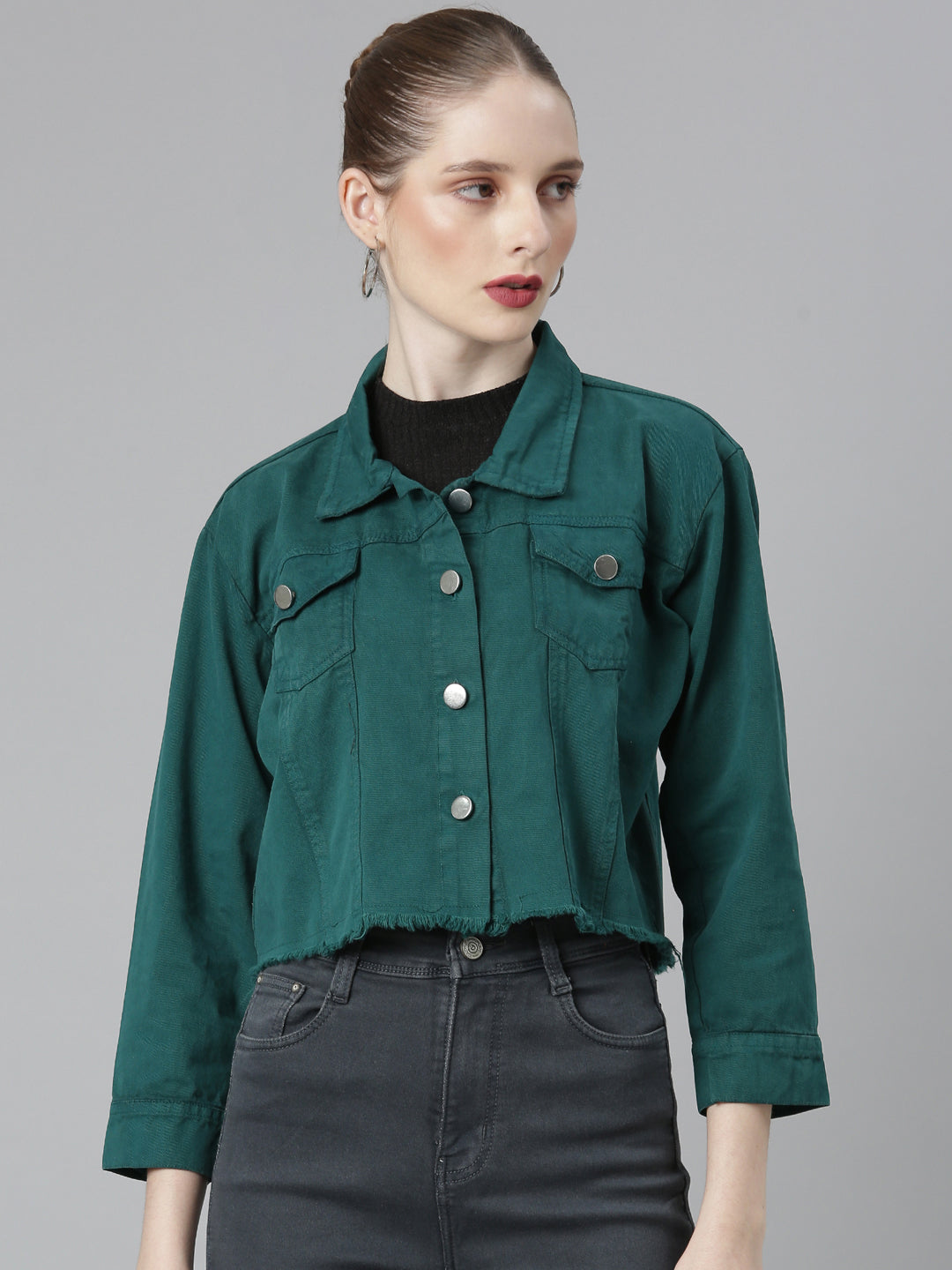 Women Teal Solid Denim Jacket